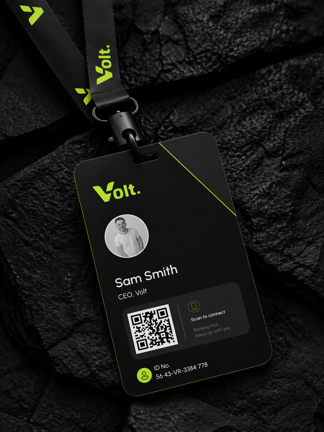 Volt - Employee ID badge with photo, name, title, scan-to-connect QR code and lime-wordmark lanyard